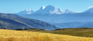 Un paisaje en el cual al fondo hay una montaña nevada y en primer plano un campo de cultivo