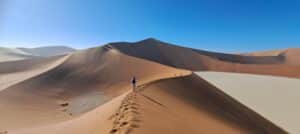 Unas dunas en el desierto y una persona caminando por la cresta de una